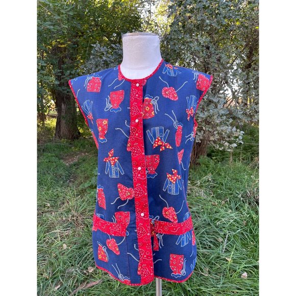 Vintage Full Smock Apron Hippy Bandana Print Red Blue - Picture 10 of 11